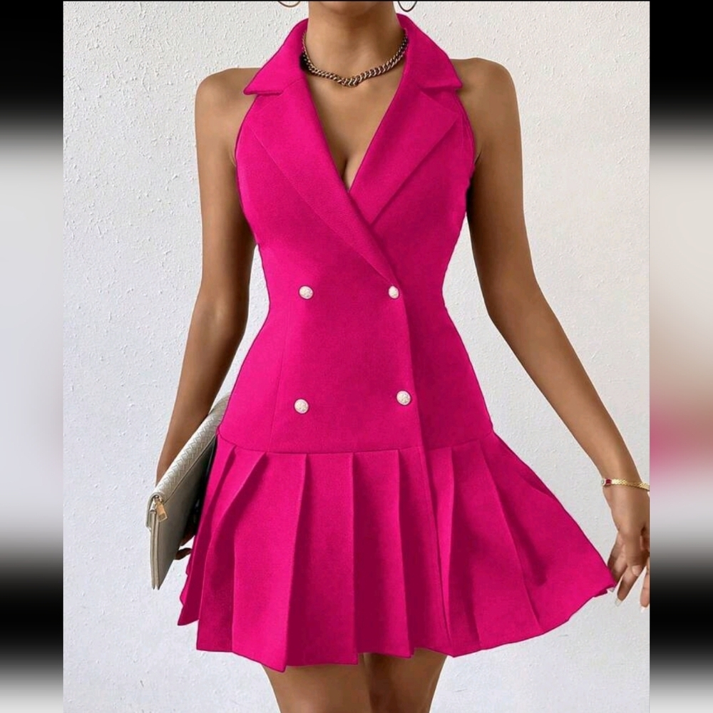 Elegant Pink Double-Breasted Mini Dress